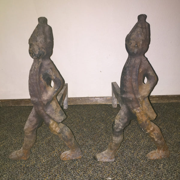Antique Solid Cast Iron 1940s Hessian soldiers andirons - Virginia Metal Crafters