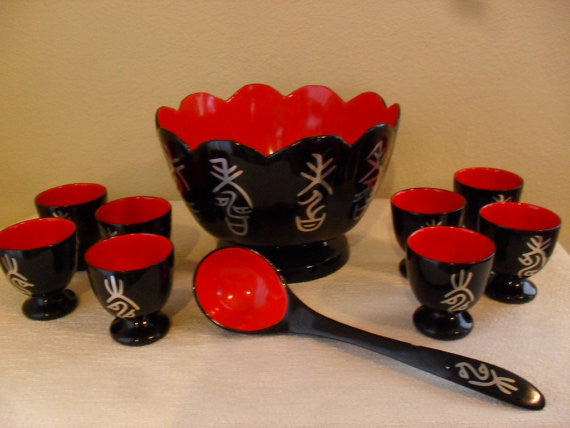 Vintage Japanese Black Lacquerware Bowl Set Hand Painted Cups/ Bowls- and Laddle Excellent condition