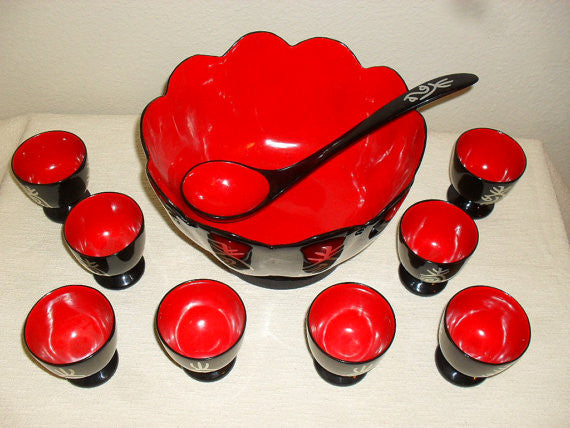 Vintage Japanese Black Lacquerware Bowl Set Hand Painted Cups/ Bowls- and Laddle Excellent condition