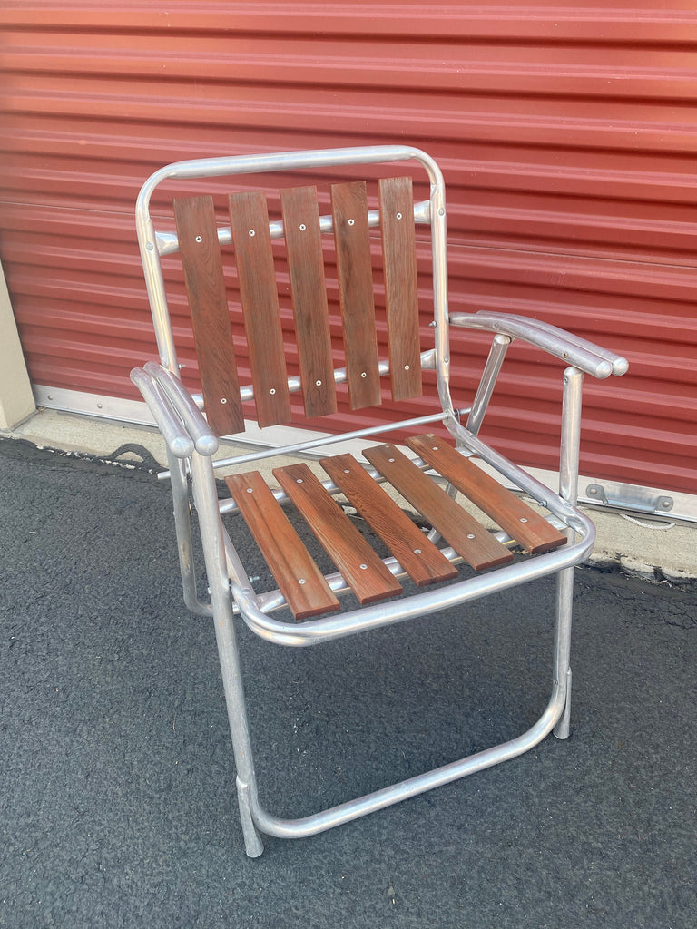 Vintage Aluminum Folding Patio Chair with Redwood slat seat and back