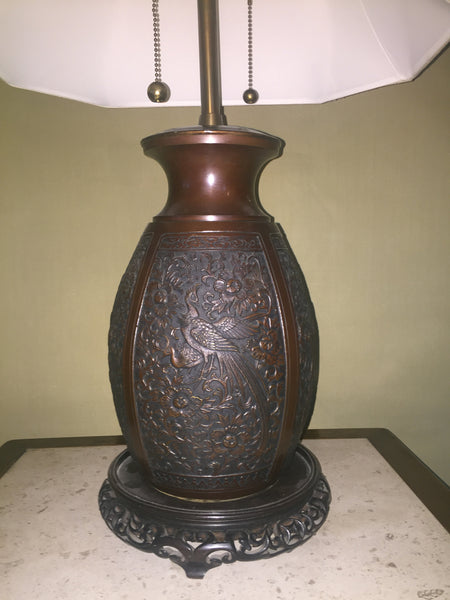 Vintage Marbro Bronze Asian Style Table Lamp adorned with a peacock and floral motif