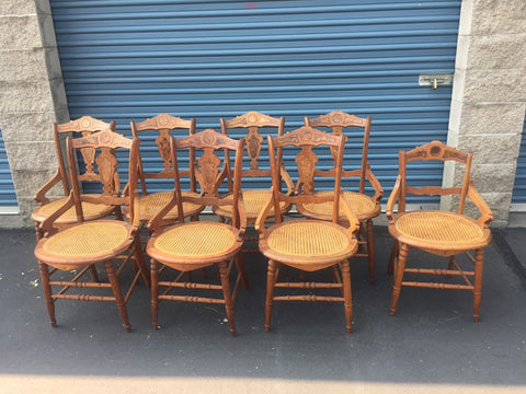 Set of 8 Antique Victorian Hip Rest Cane Seat Maple Chairs