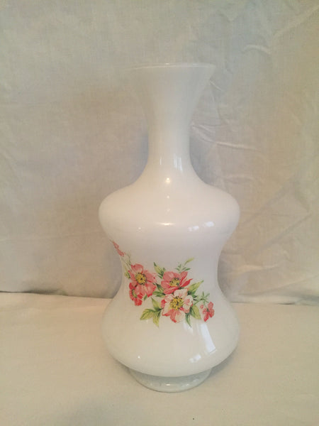 Large Antique Vintage Milk Glass Vase with Painted Florals, flowers, roses, large vase 13-1/2" x 6-1/2"
