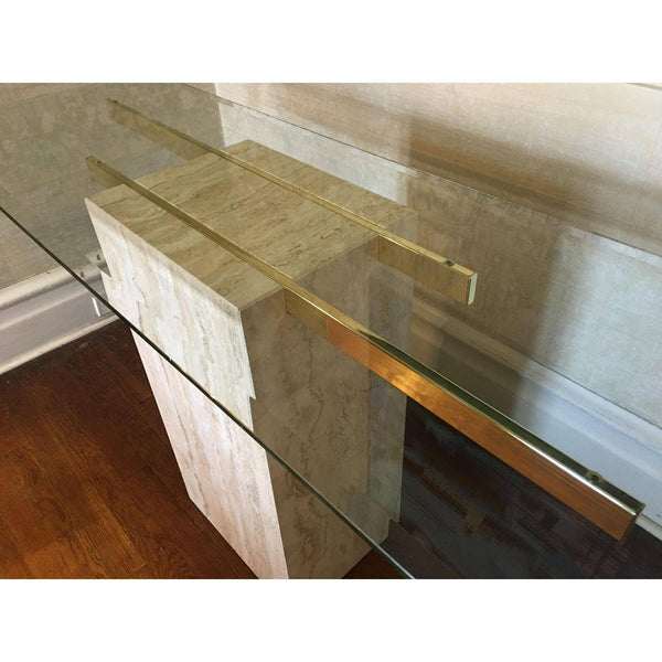 Vintage Mid Century Modern Artedi Travertine and Brass Sofa Table Console Table with Glass Top