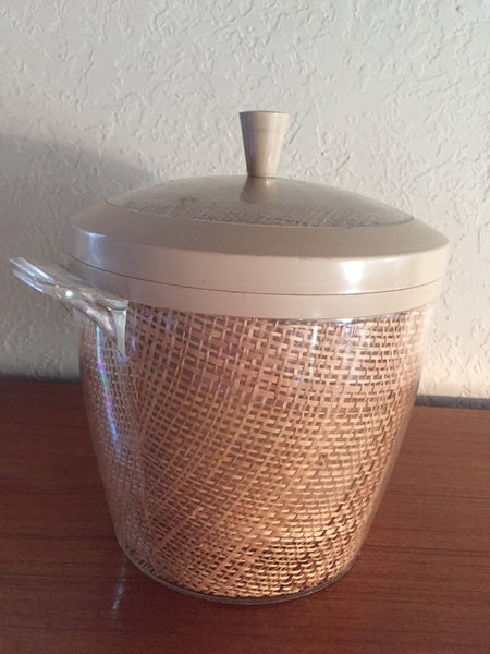 Mid Century Modern 1970's Beige Raffiaware Ice Bucket with plastic handles and lid