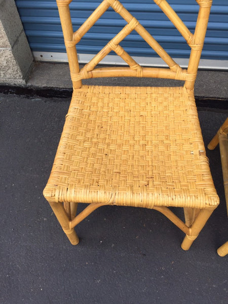 Vintage Pair of Chinese Chippendale Style Rattan Chairs with loose seat cushions