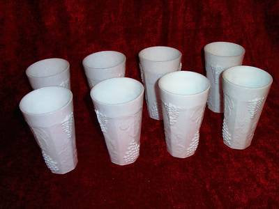Set of 8- Vintage Modern Harvest Milk Glass Tumblers. Drinking Glasses by Colony, grape pattern, vines, grape leaves, (2 sets available)