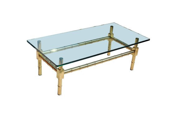 Brass Faux Bamboo Chinese Chippendale Coffee Table with 1/2" Thick Glass Table top