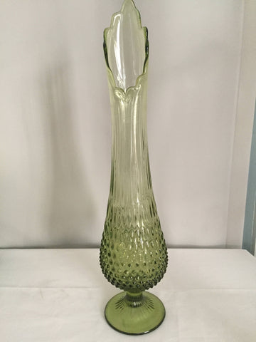 Fenton Swung Fern Green Glass Hobnail Vase - Mid Century Tall Swung Glass Vase - Art Glass Vase - Vintage Hobnail Vase