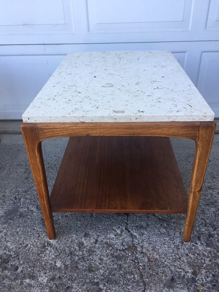 Mid Century Modern Lane Walnut and Travertine/Marble End Table Side Table