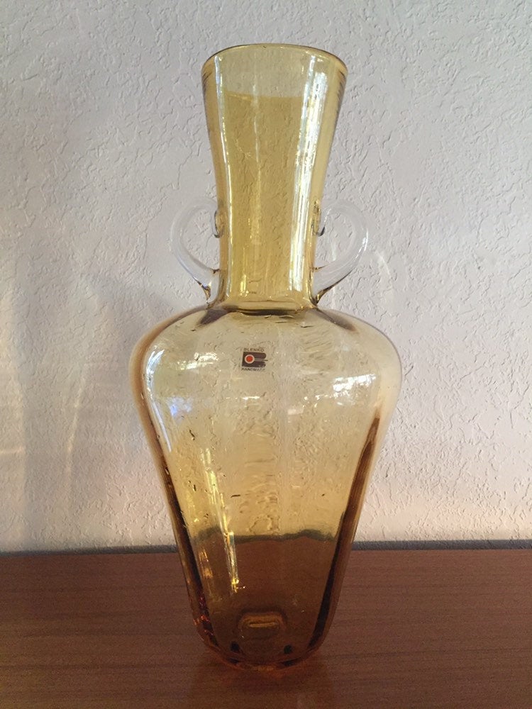 Vintage Blenko Tall Amber Optic Art Glass Vase with clear handles