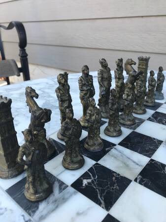 Amazing Vintage Hollywood Regency Marble Chess Game Table with Marble Base Art Deco with Metal Figural Chess Pieces