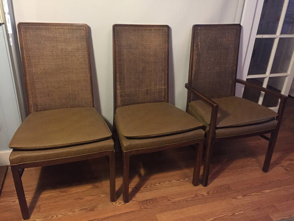 Mid Century Hollywood Regency Oak and Cane Upholstered Dining Chairs (6) style of Milo Baughman for Dillingham