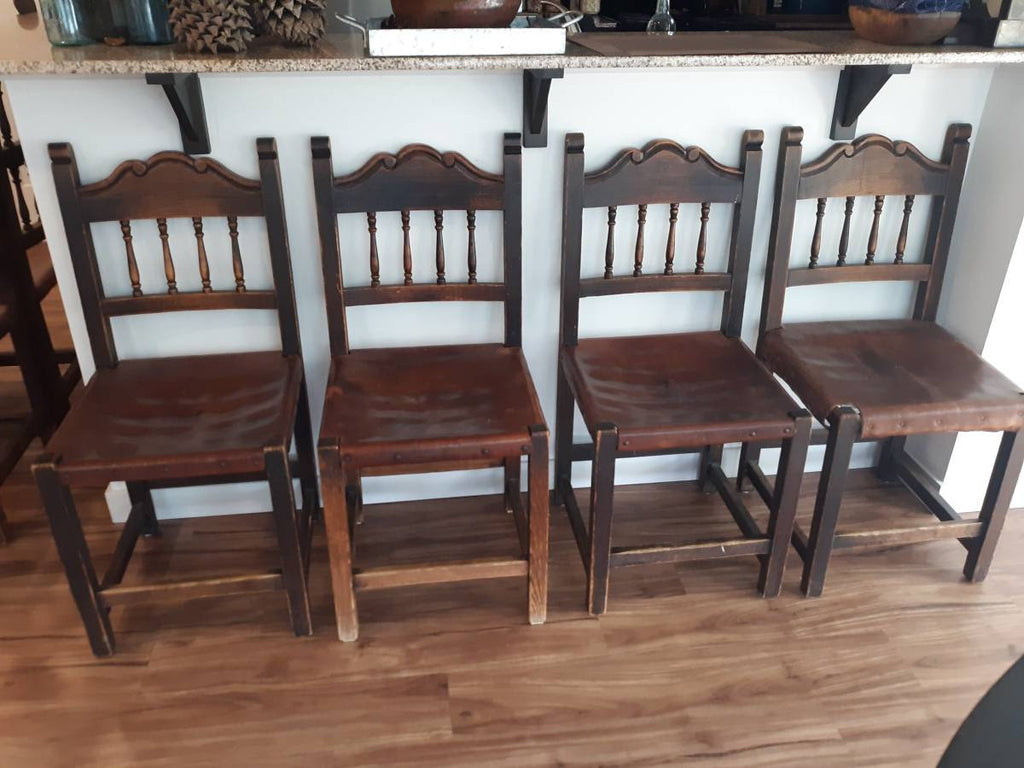Set of 6 Vintage Folk Art Primitive Spanish Mission Ladder Back Chairs with Distressed Leather Seats