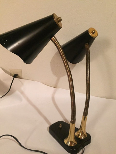 Vintage Double Black Enamel and Brass Gooseneck Desk lamp student desk lamp