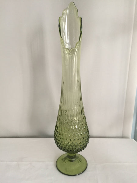 Fenton Swung Fern Green Glass Hobnail Vase - Mid Century Tall Swung Glass Vase - Art Glass Vase - Vintage Hobnail Vase