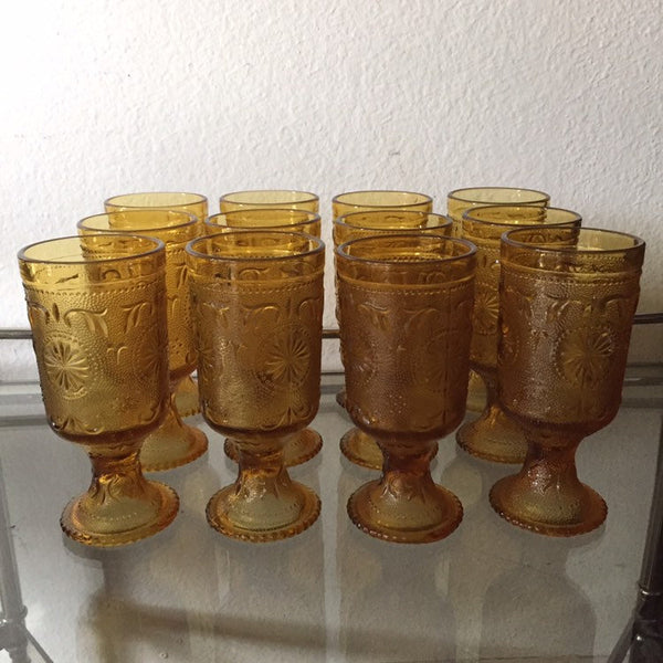 Set of 12- Vintage Modern Indiana Tiara Sandwich Glass Amber Footed Concord Brockway DaisyAmber Glass Footed Tumblers. Drinking Glasses