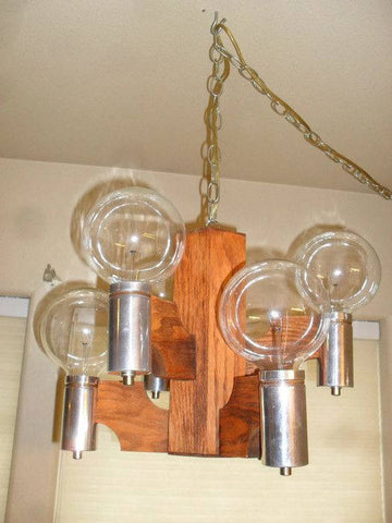 Pair of Fantastic mid century modern chrome and oak hanging swag orb pendant chandelier