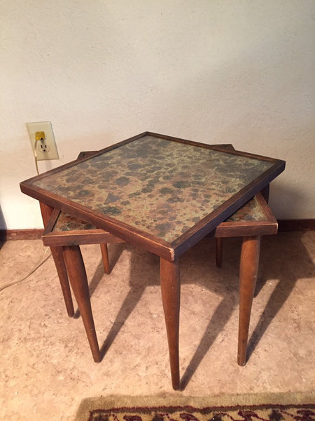 Pair of Mid Century Modern Small Stacking Side Tables with glass tops