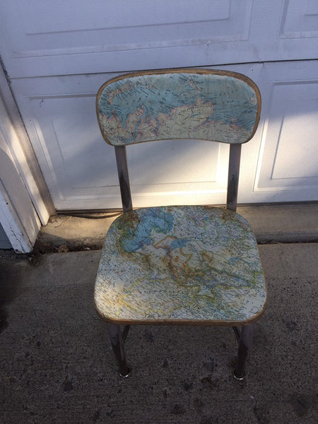 Set of 4 Mid-Century 1950's Child's School Chair Vintage School Chair Child Size Beige Metal/ Map Covered Wood Seat and Back
