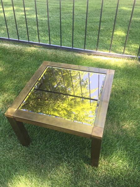 Milo Baughman Hollywood Regency Brushed Brass Side Table with bronzed Glass Mirror Top