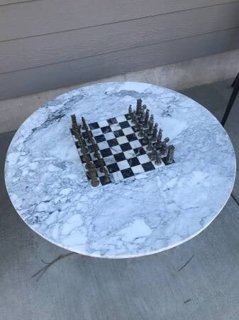 Amazing Vintage Hollywood Regency Marble Chess Game Table with Marble Base Art Deco with Metal Figural Chess Pieces
