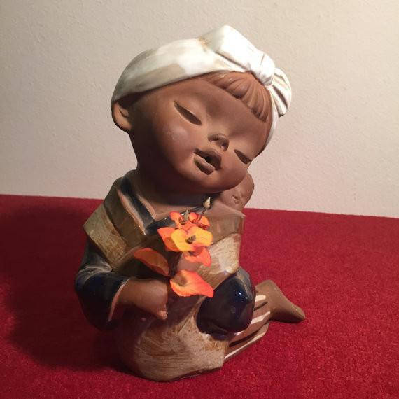 ON SALE - Large Japanese Clay Pottery Asian Girl - 1970's Mid Century Figurine - Made in Japan by Uctci