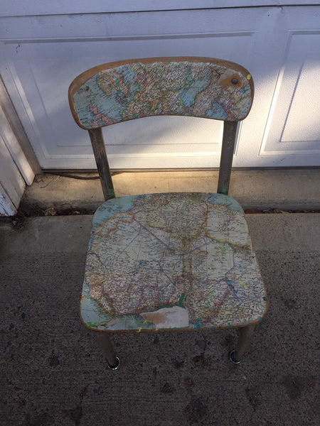 Set of 4 Mid-Century 1950's Child's School Chair Vintage School Chair Child Size Beige Metal/ Map Covered Wood Seat and Back