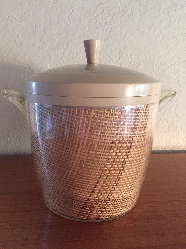 Mid Century Modern 1970's Beige Raffiaware Ice Bucket with plastic handles and lid