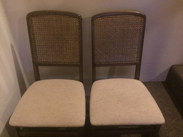 Pair of Mid Century Vintage Stakmore Folding Chairs –Walnut Wood and Cane Chairs
