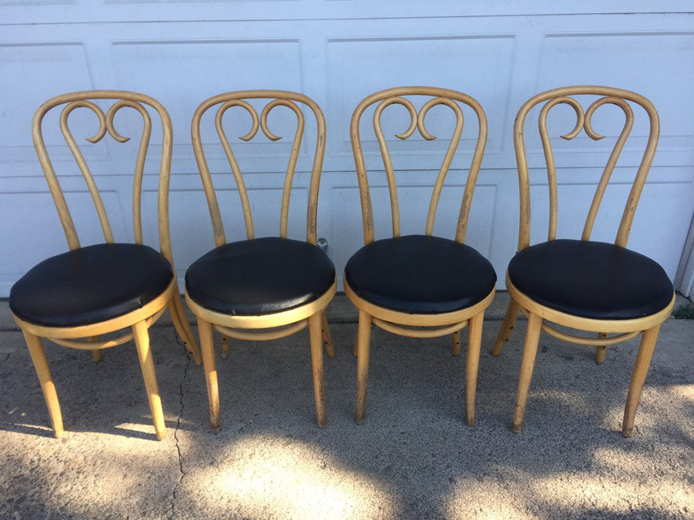 Set of 4 Vintage Thonet style Bentwood Cafe Chairs with vinyl upholstered seats