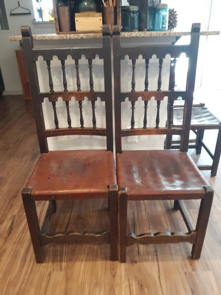 Set of 6 Vintage Folk Art Primitive Spanish Mission Ladder Back Chairs with Distressed Leather Seats