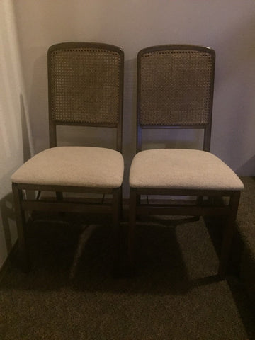 Pair of Mid Century Vintage Stakmore Folding Chairs –Walnut Wood and Cane Chairs