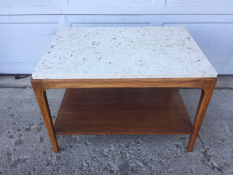 Mid Century Modern Lane Walnut and Travertine/Marble End Table Side Table