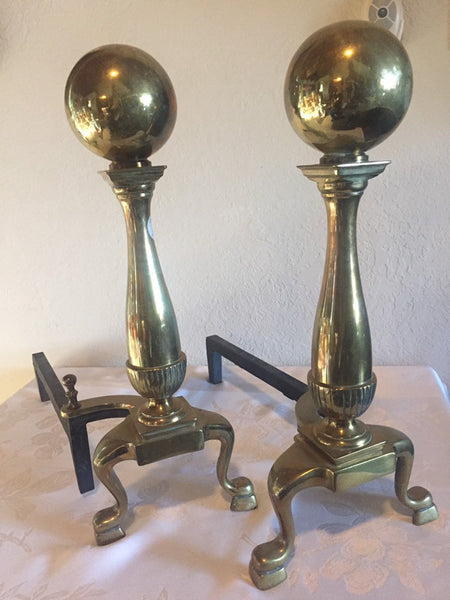 Vintage / Antique Solid Brass Andirons Fireplace Insert Wood Log Holders Cannonball– Colonial Early American Style
