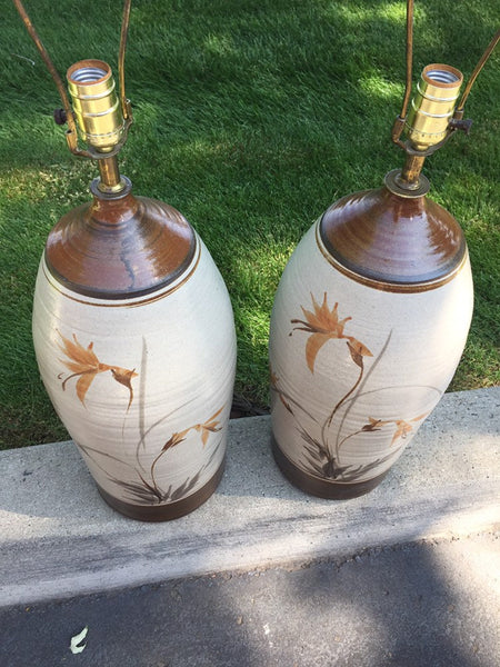 Pair of 1960s Tall Hand-Thrown Studio Pottery Table Lamps , floral motif