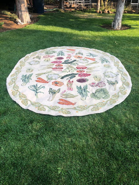 Large Antique Oval Hand Hooked Wool Rug with Vegetables, Primitive Farm country Lodge Primitive Rug, Antique Farmhouse- 69 w x 93 l