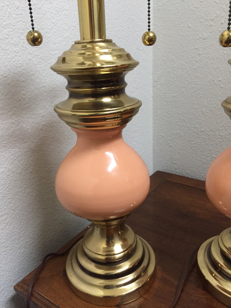 Pair of Vintage Stiffel Peach Ceramic and Brass Table Lamps with earring pull switch