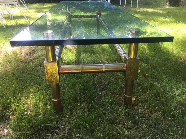 Brass Faux Bamboo Chinese Chippendale Coffee Table with 1/2" Thick Glass Table top