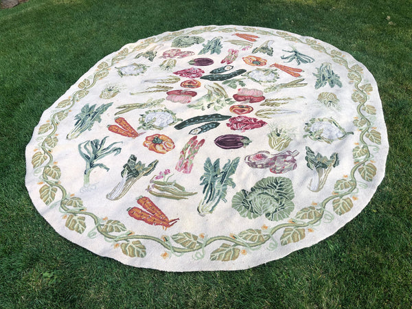 Large Antique Oval Hand Hooked Wool Rug with Vegetables, Primitive Farm country Lodge Primitive Rug, Antique Farmhouse- 69 w x 93 l