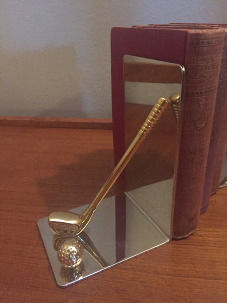 Vintage Gold Club Bookends, Chrome and Brass Sports Bookends, Metal Golf Clubs Sports Decor