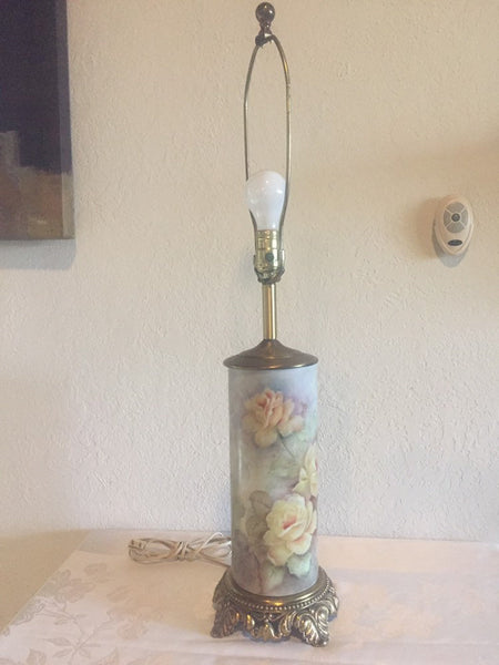 Vintage Hand Painted Roses Ceramic table lamp with brass base and accents - artist signed