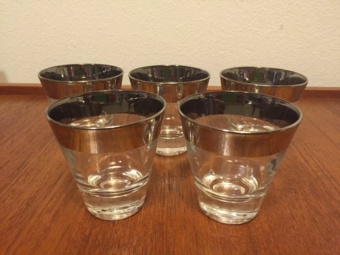 Set of 5 MCM Silver Rim Double Shot Glass Cut Crystal Sides Mid Century Modern, Dorothy Thorpe, Thick Bottoms