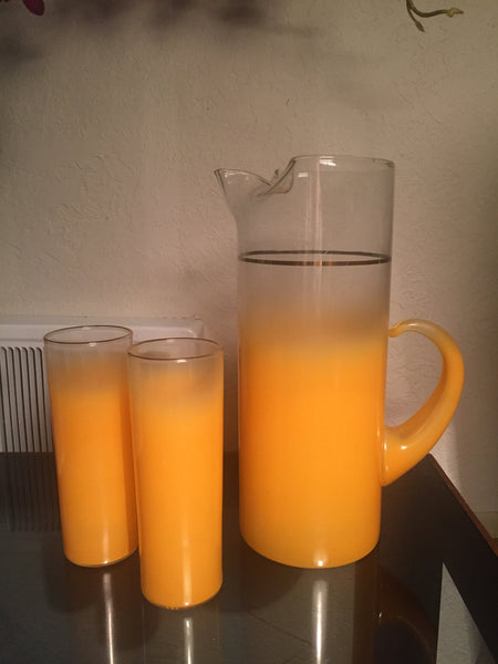 Vintage Blendo Drink Pitcher, Orange Fade Frosted Drink Pitcher and 2 Glasses, 1960s Blendo Pitcher, Mid Century Barware, Orange Blendo