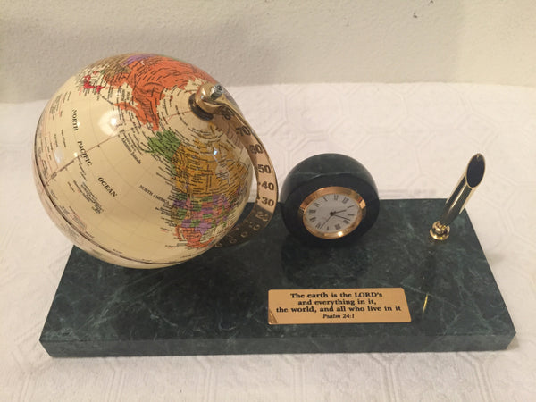 Vintage Executive Desk Set, Globe, Clock & Pen Stand with engraved Bible Verse Plaque