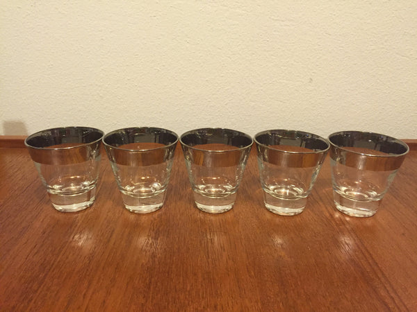 Set of 5 MCM Silver Rim Double Shot Glass Cut Crystal Sides Mid Century Modern, Dorothy Thorpe, Thick Bottoms