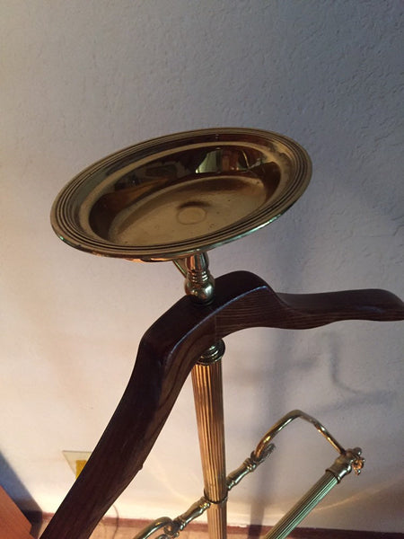 Vintage Brass Butler Valet with wood coat hanger, tie/ belt hook, pant hanger and change caddy catchall