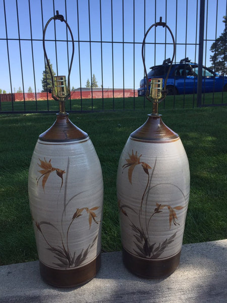 Pair of 1960s Tall Hand-Thrown Studio Pottery Table Lamps , floral motif