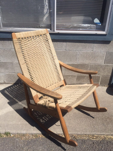 Vintage Danish Modern Teak chair with woven rope seat Mid Century Wegner Eames - Needs work
