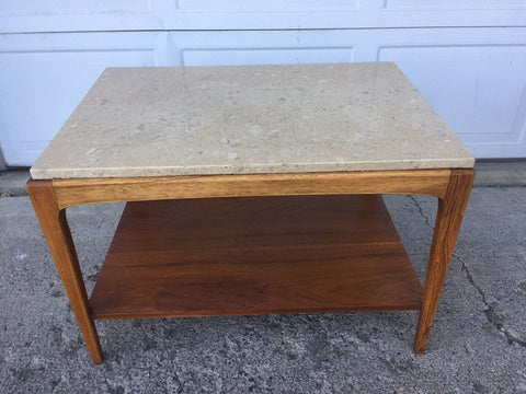 Mid Century Modern Lane Walnut and Travertine End Table Side Table